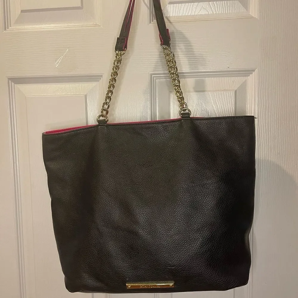 Betsey Johnson jewels large black synthetic leather tote gold tone chain straps